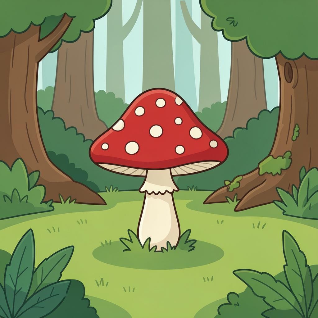 A bright red mushroom with white spots sitting in green grass.