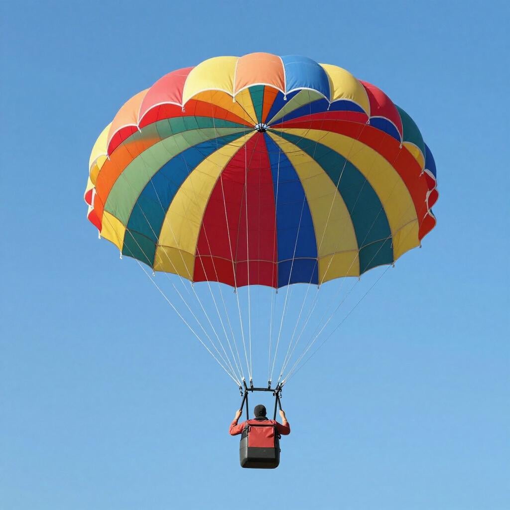 A large, colorful parachute fully deployed in a bright blue sky.