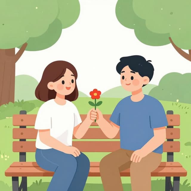 Two people sitting on a park bench, smiling warmly at each other and blushing.