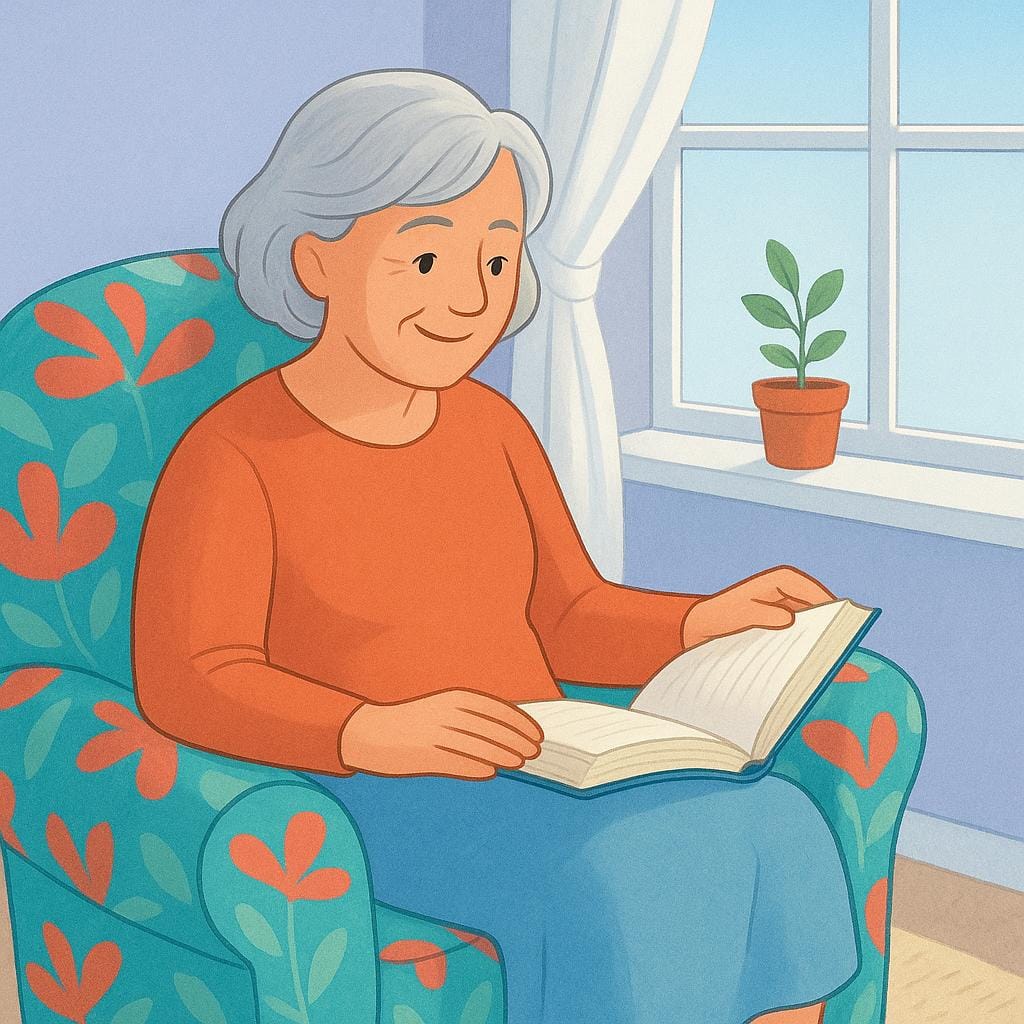 An older woman sits relaxed in a comfortable armchair next to a window, smiling while reading a book, symbolizing the end of her working life.