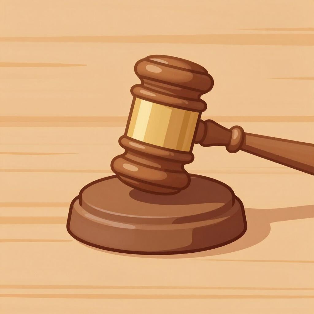 A wooden gavel resting on a round sound block on a polished table.