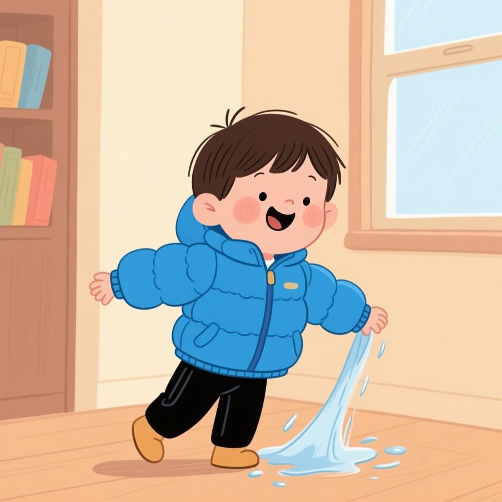 A cheerful child actively slipping their arm into the sleeve of a warm blue jacket.