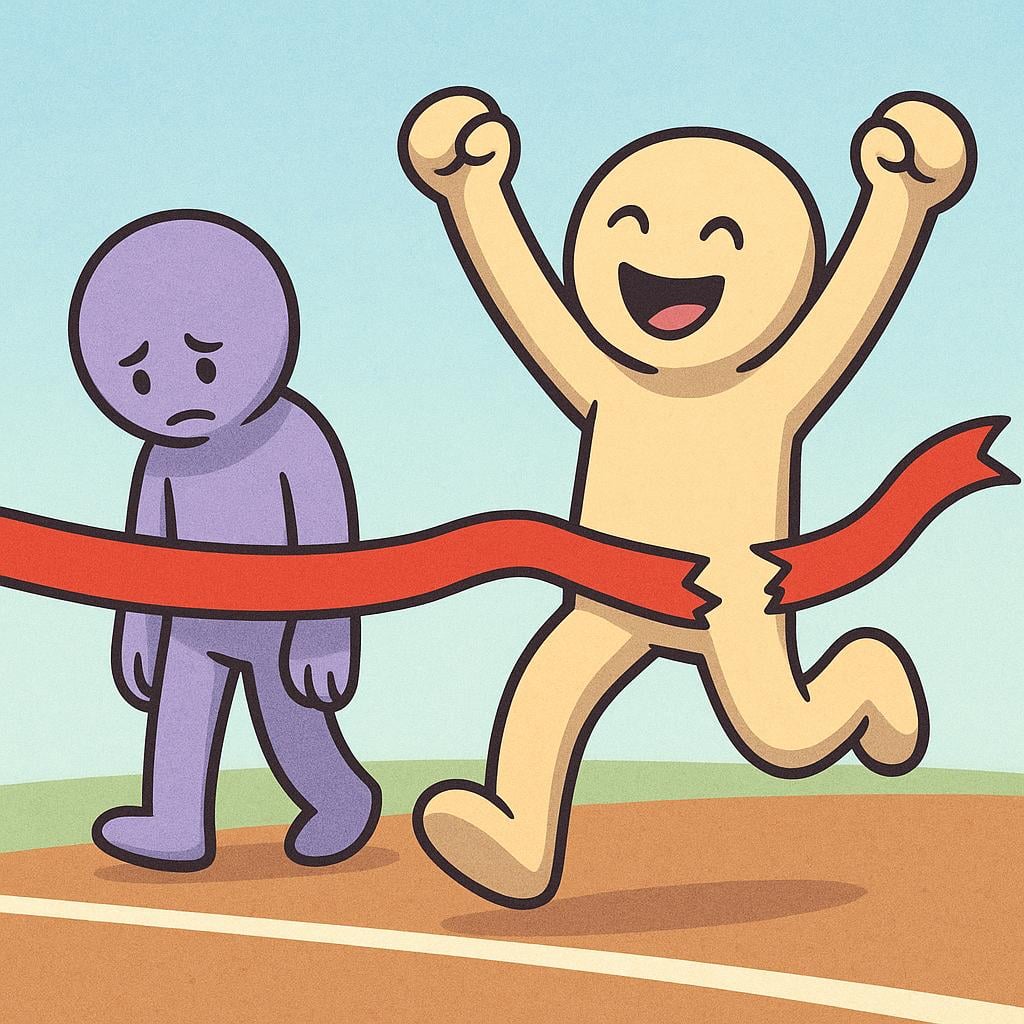 A simple illustration of a foot race finish line. One cartoon character is happy and cheering having won, while another character stands just short of the line looking dejected after losing.