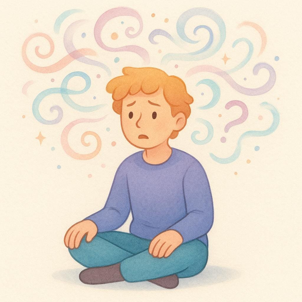 A simple illustration of a person sitting down, looking dazed and confused, with soft, swirling, colorful lines floating gently around their head, symbolizing being under the influence of drugs.