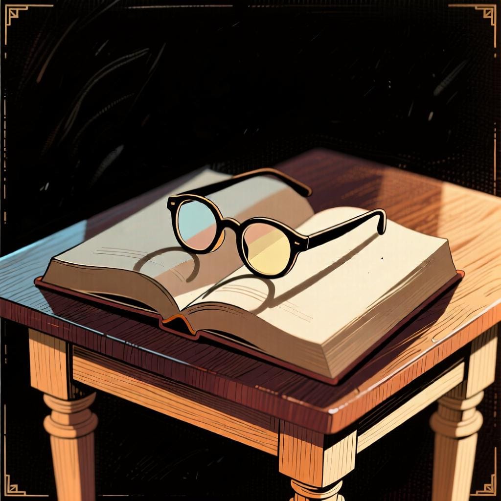 A pair of glasses resting on top of an open book on a wooden table.