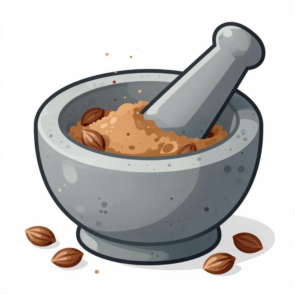 Un mortaio e pestello di pietra che schiacciano spezie intere in una polvere fine.