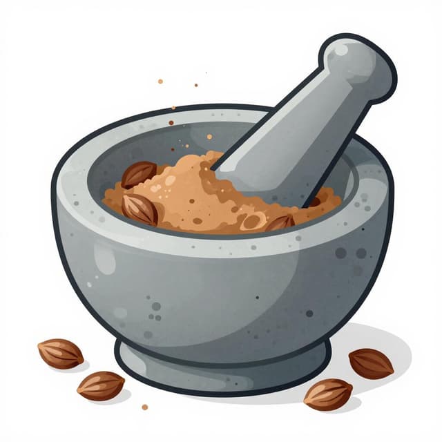 A stone mortar and pestle crushing whole spices into a fine powder.
