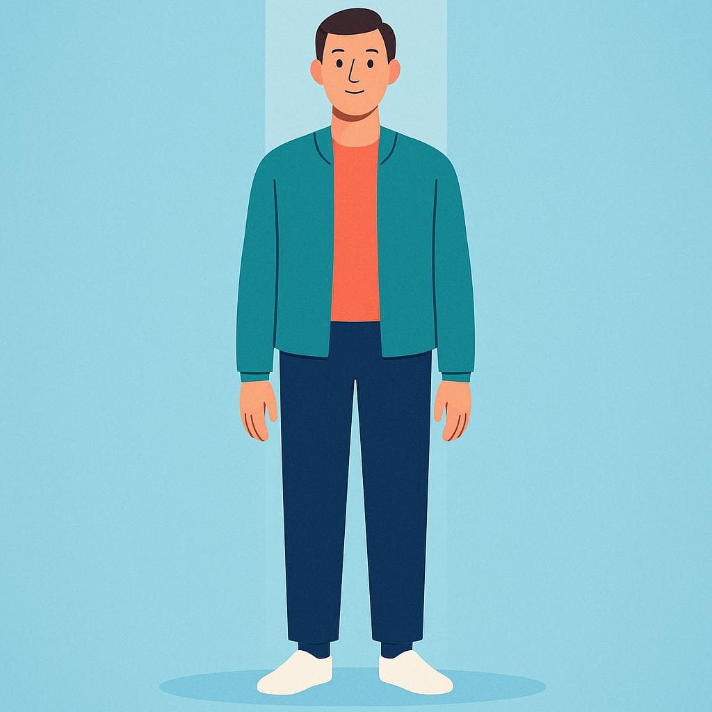 A storybook illustration of a person standing perfectly straight and tall with excellent posture, symbolizing uprightness and moral correctness.
