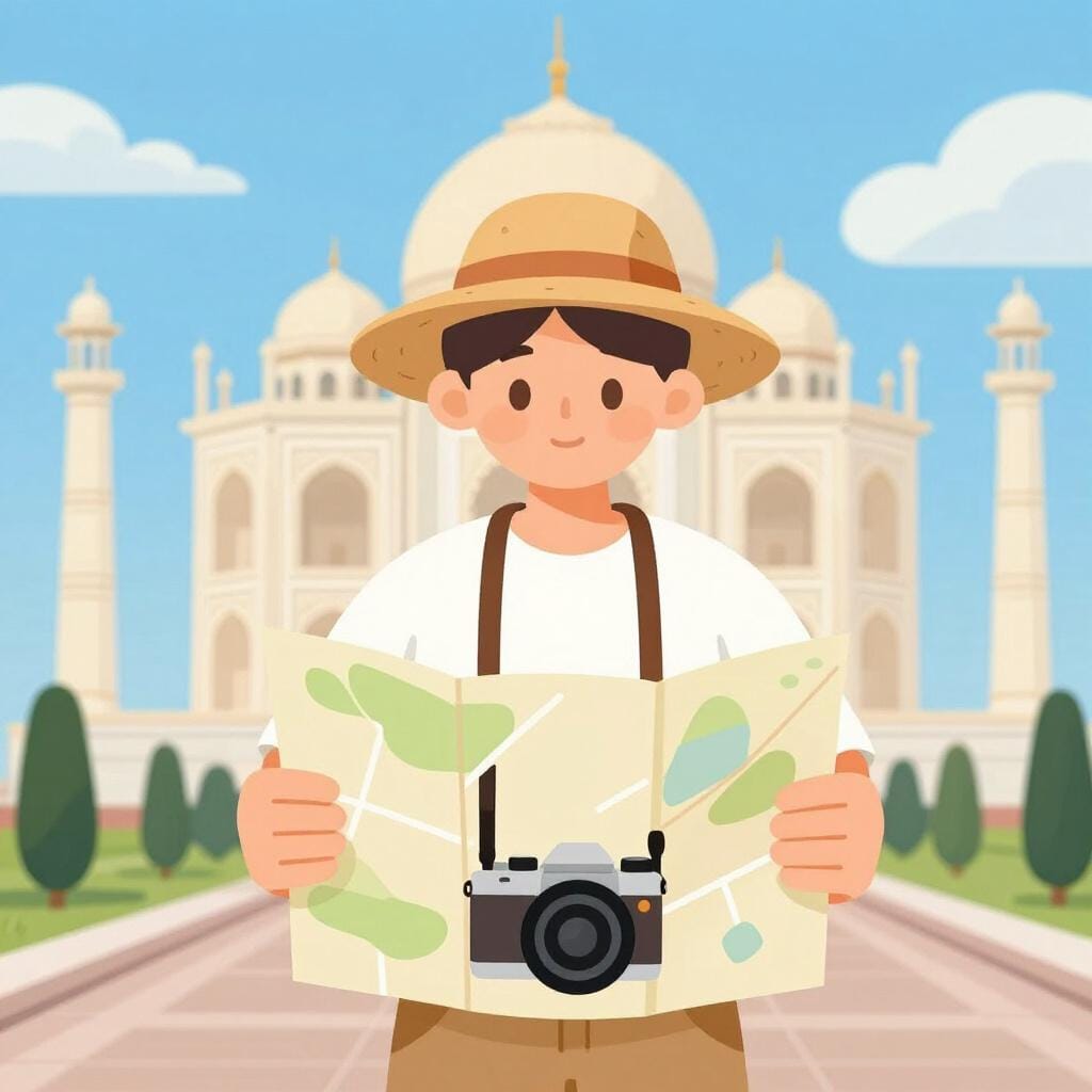 A traveler wearing a sun hat and a camera around their neck, holding a folded map and looking at a tall landmark.