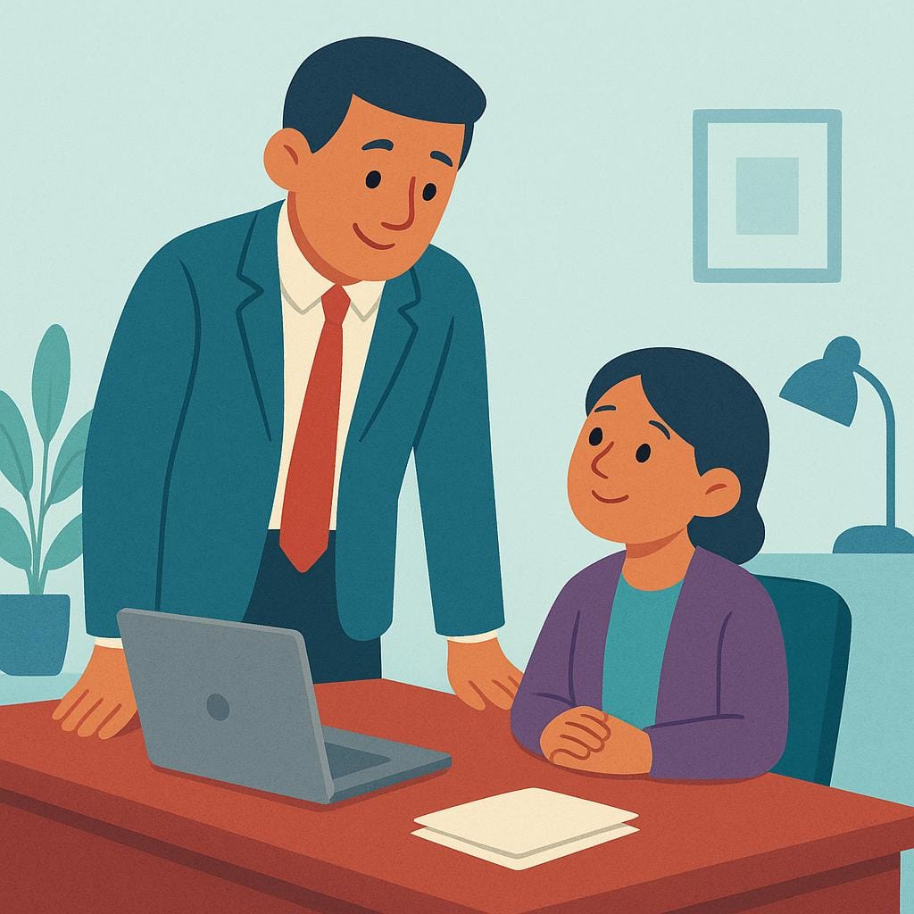 A simple illustration of two figures in business attire. One figure, standing tall behind a large desk, is pointing down at a smaller figure who is seated and looking up respectfully.