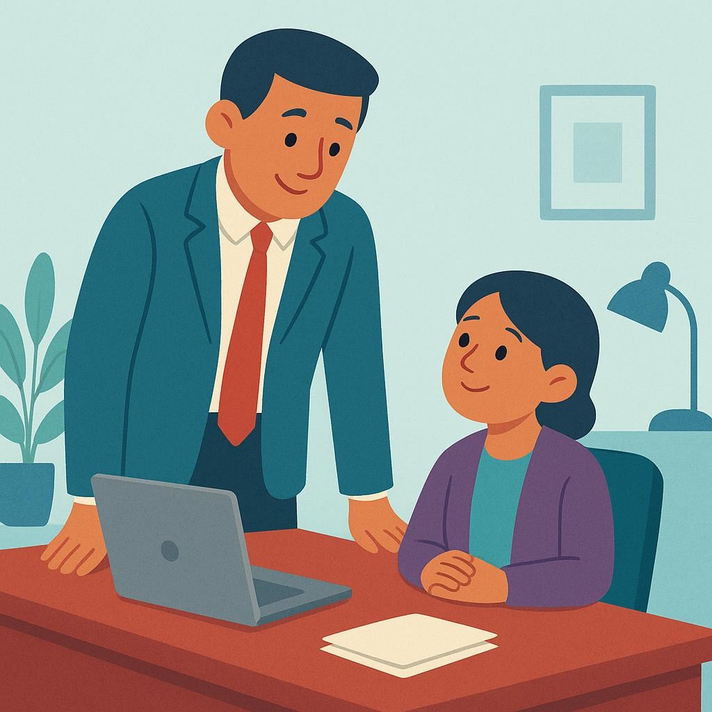 A simple illustration of two figures in business attire. One figure, standing tall behind a large desk, is pointing down at a smaller figure who is seated and looking up respectfully.