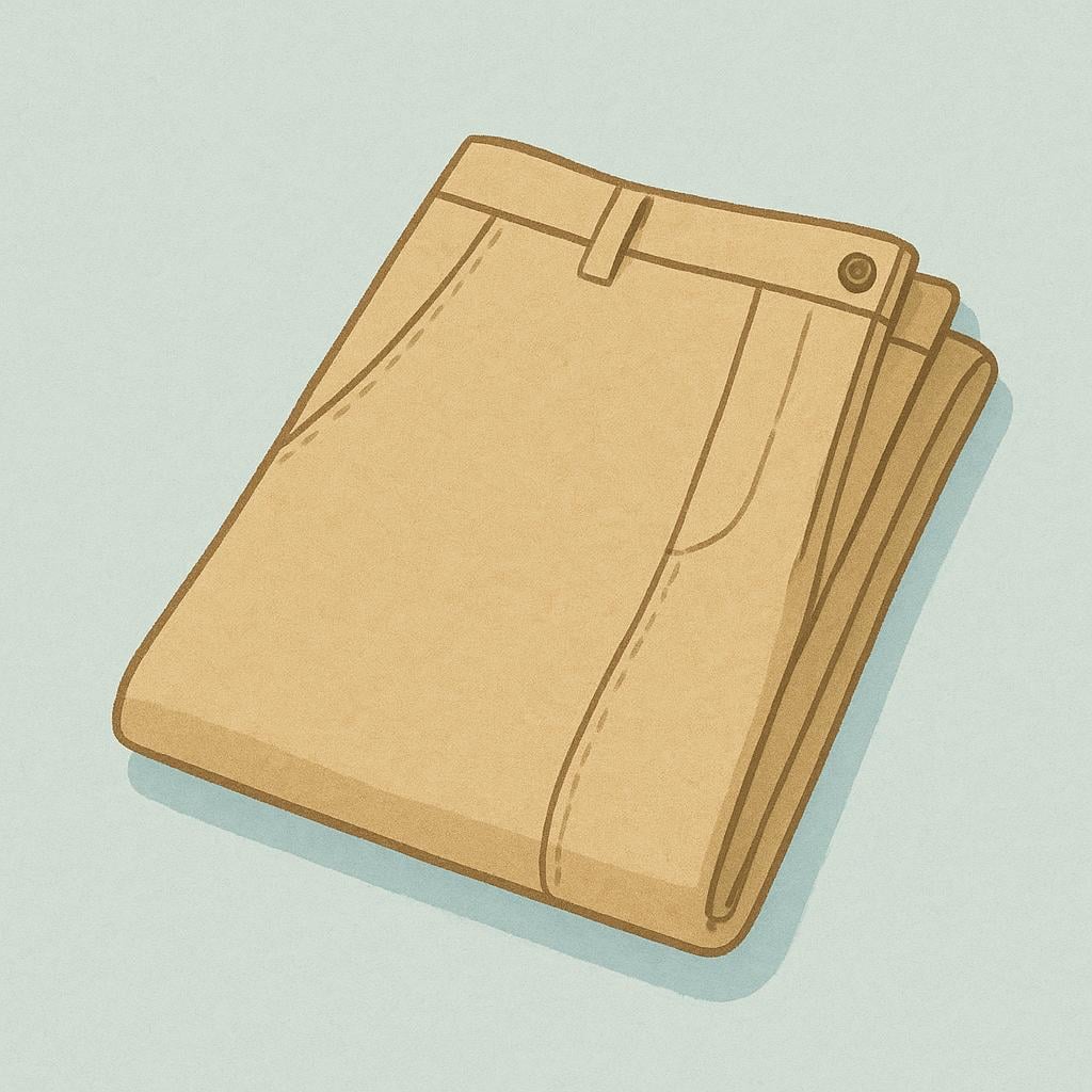 A simple pair of neatly folded khaki cotton chino trousers resting on a surface.