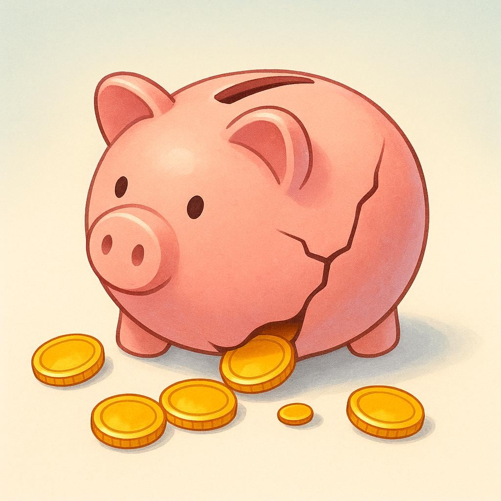 A cracked ceramic piggy bank with coins spilling out onto a surface, symbolizing financial loss or damages.