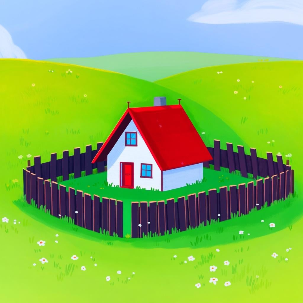 A small, cozy house with a smiling face on the door, surrounded by a bright, protective wooden fence in a sunny garden, illustrating safety.