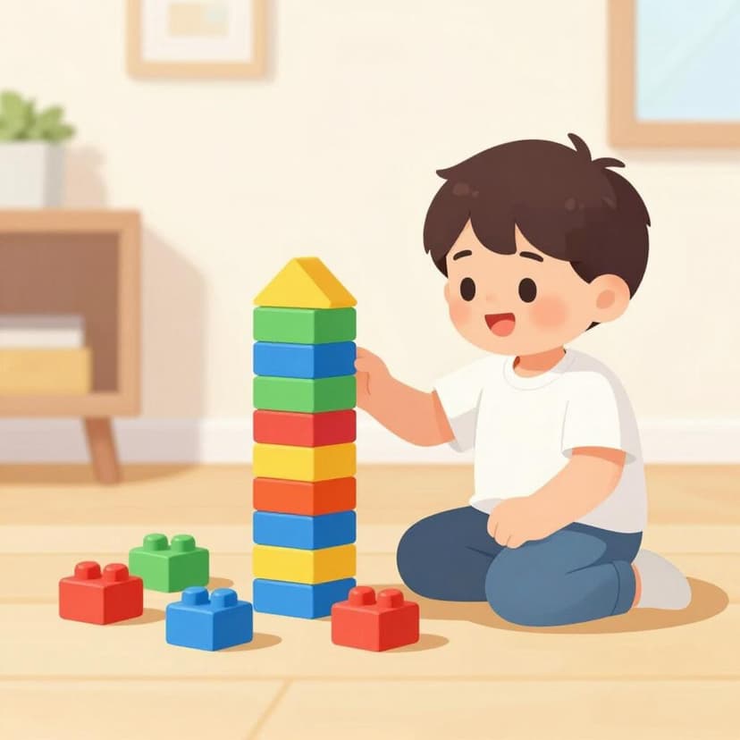 Een kind dat blij een toren van houten blokken omgooit om hem opnieuw te bouwen.