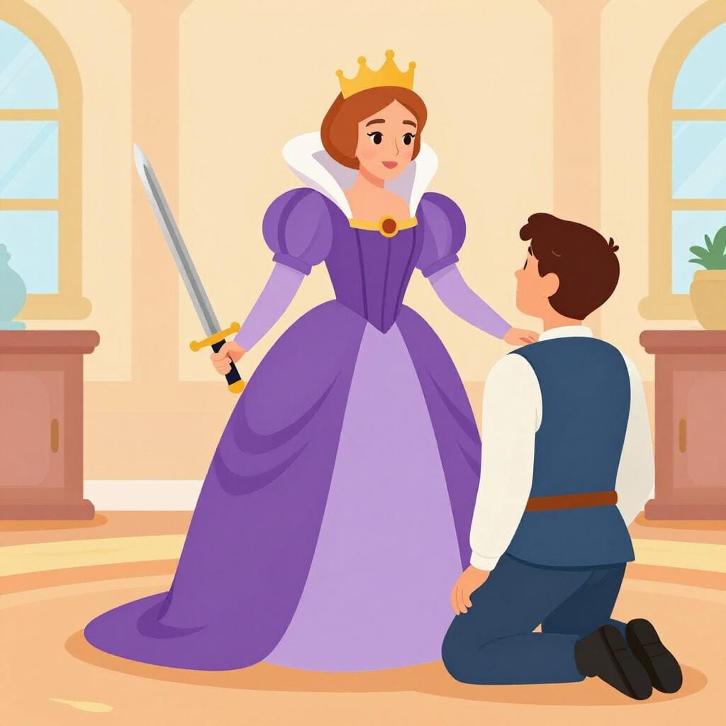 Una regina in un abito viola reale che tocca la spalla di una persona in ginocchio con una spada d'argento per conferirle un titolo.