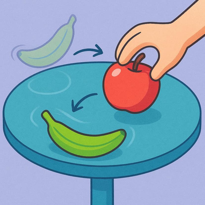 Eine Hand tauscht einen roten Apfel gegen eine grüne Banane auf einem Holztisch, was den Akt des Austauschs veranschaulicht.