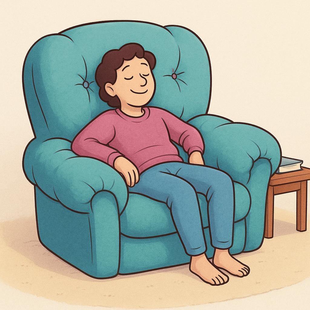 A person relaxing happily, sinking deeply into a large, plush, red armchair, smiling with their eyes closed.