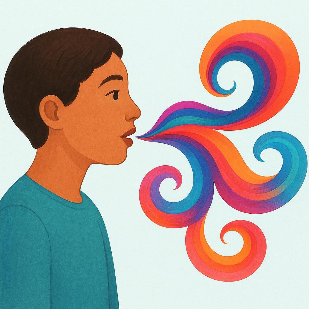 A person's profile illustrated in a simple storybook style. A brightly colored, swirling ribbon emerges from their mouth, symbolizing a unique accent or speech characteristic.