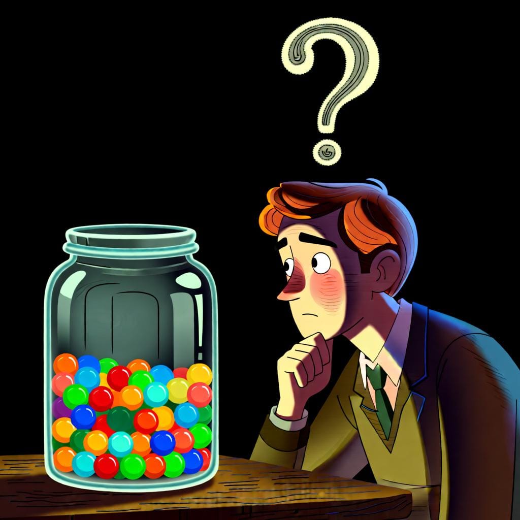 A person looking at a jar of marbles and guessing the amount, representing approximation or 'about'.