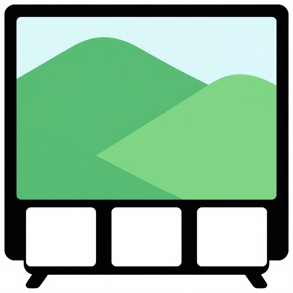 A television screen showing a landscape with stylized speech bubbles at the bottom to represent subtitles.