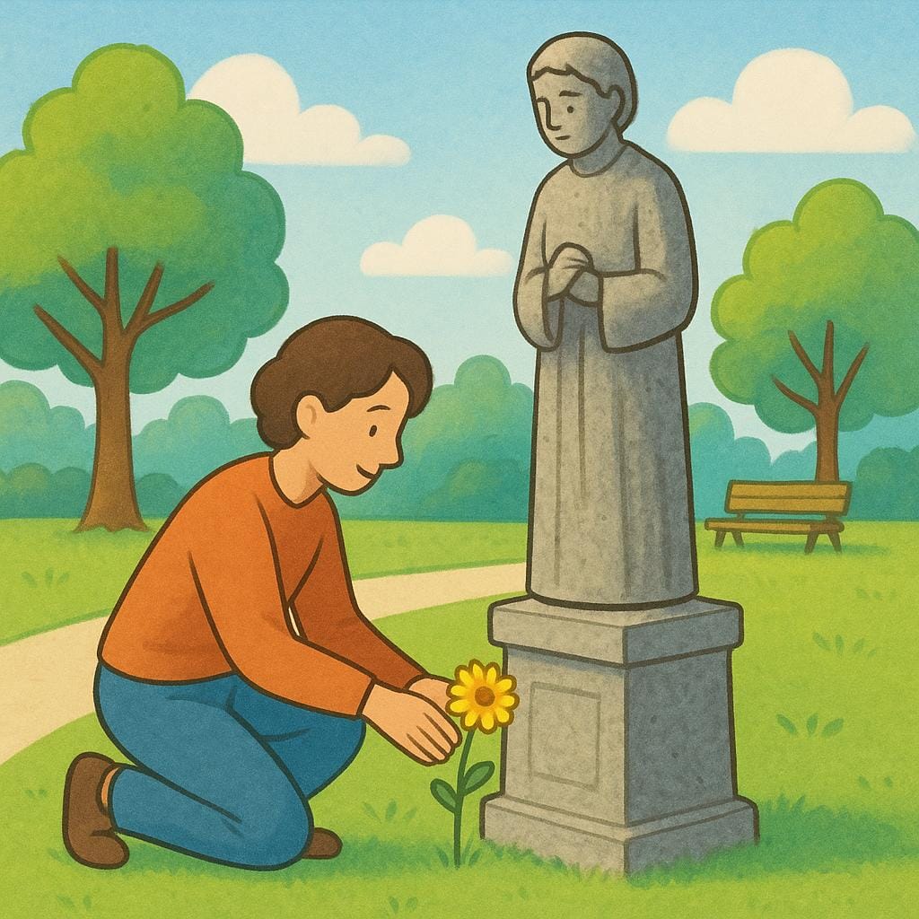A person kneeling down to place a single beautiful flower at the base of a majestic statue.