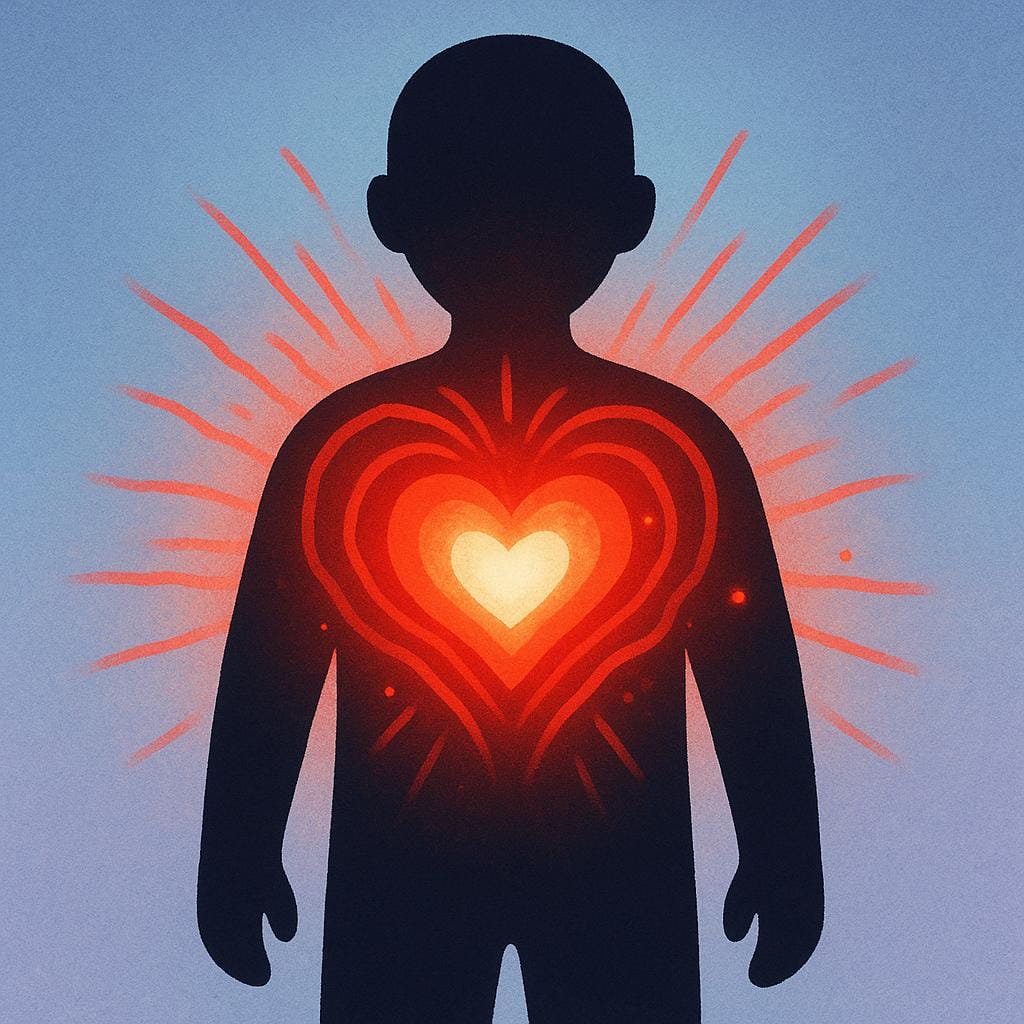 A stylized depiction of a human silhouette with a glowing, fiery red and orange heart emanating intense energy waves from the chest, symbolizing emotional passion.