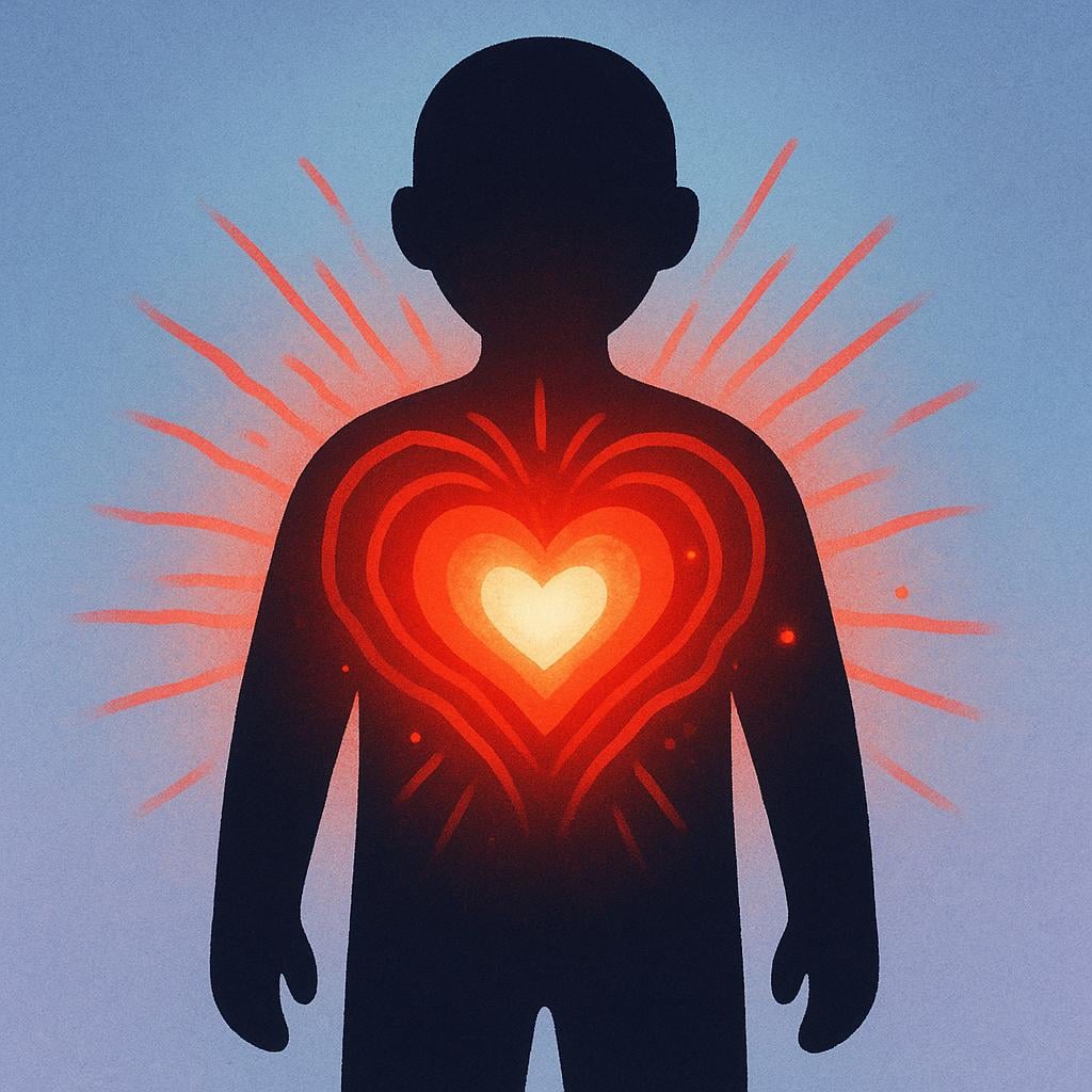 A stylized depiction of a human silhouette with a glowing, fiery red and orange heart emanating intense energy waves from the chest, symbolizing emotional passion.