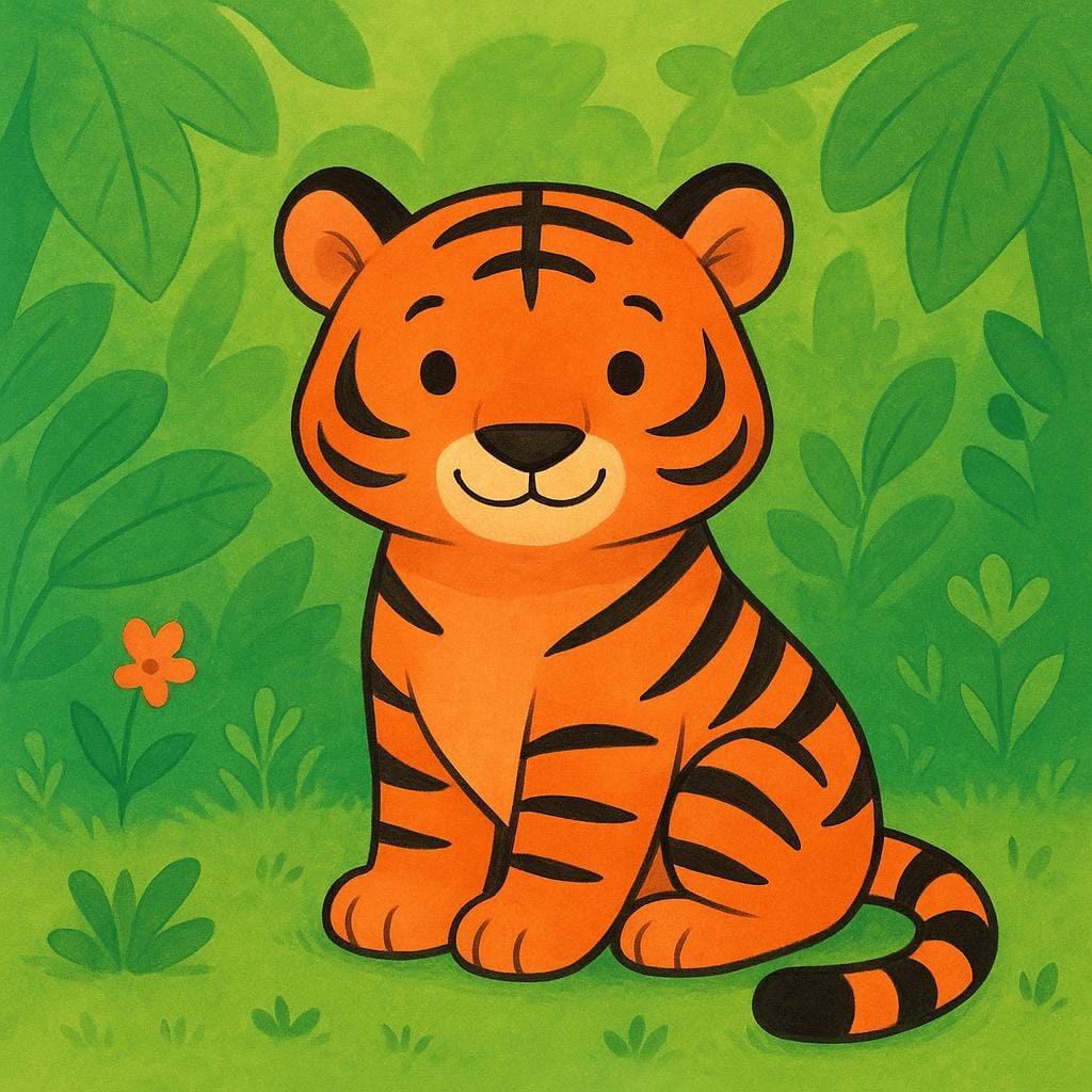 Een eenvoudige kleurrijke illustratie van een grote oranje tijger met zwarte strepen, die kalm zit tussen groene junglebladeren.