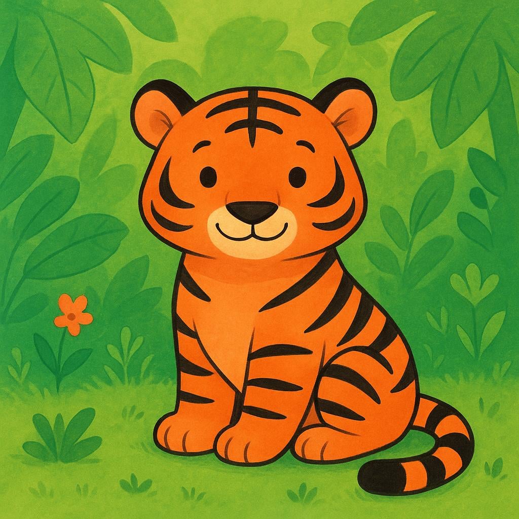 A simple colorful illustration of a large orange tiger with black stripes, sitting calmly amidst green jungle foliage.