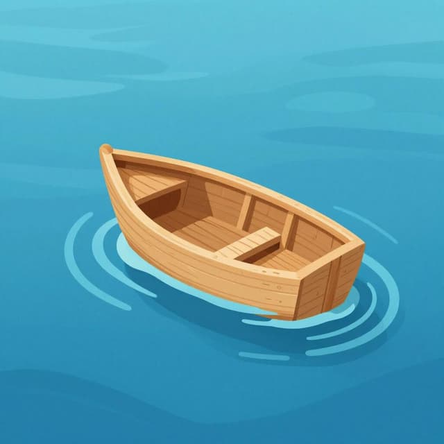 A small wooden toy boat slowly submerging into the blue water of a pond.