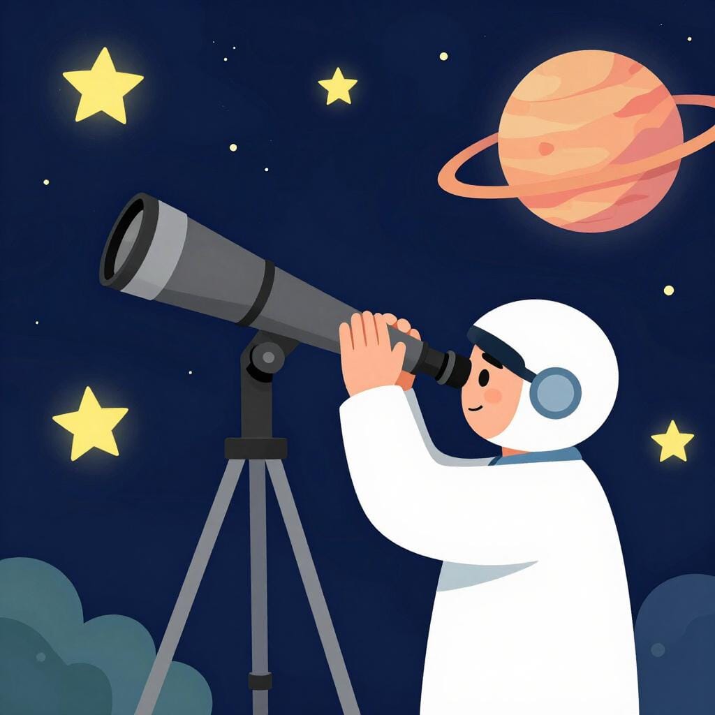 A person looking through a large telescope at a night sky full of stars and a distant planet.