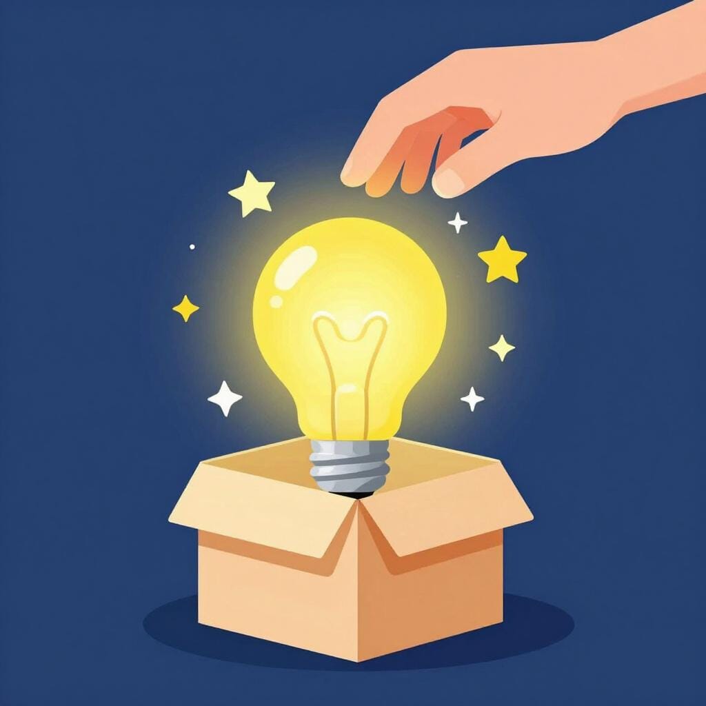 A glowing lightbulb inside a wooden crate being filled with colorful glowing stars.