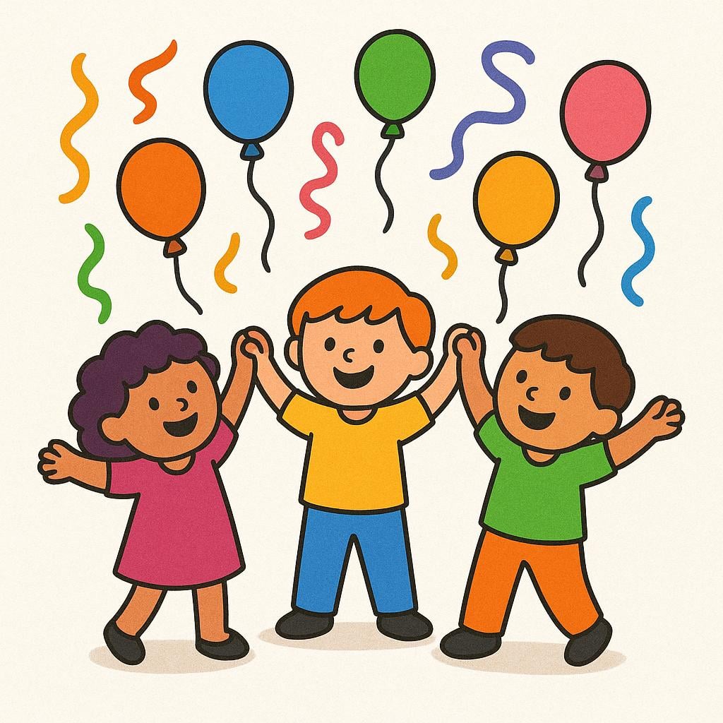 A colorful storybook illustration showing three simple figures standing together in a festive setting, surrounded by colorful balloons and streamers, indicating they held a celebration.