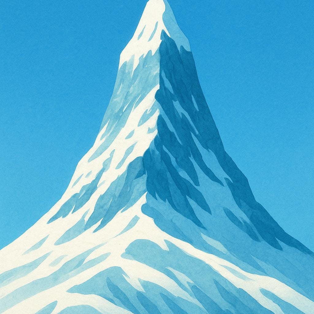 A massive, sharp mountain peak covered in snow, reaching vertically high into a clear blue sky, emphasizing its extreme height.