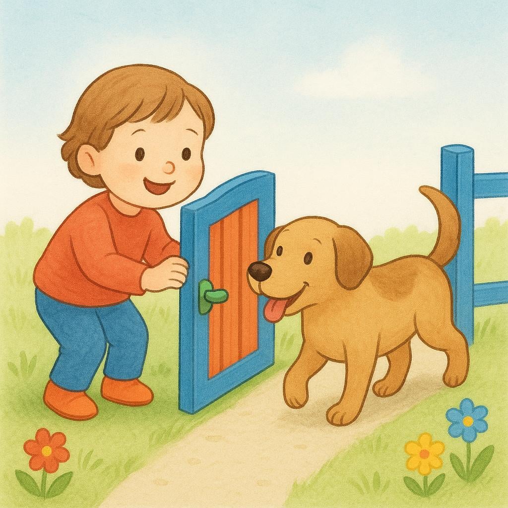 A storybook illustration showing a child holding open a small wooden gate, allowing a happy dog to pass through, symbolizing permission.