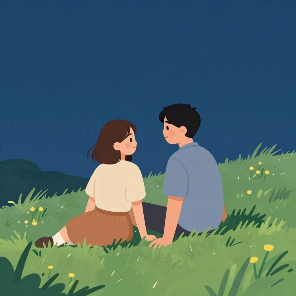 Een gelukkig stel dat dicht bij elkaar zit op een grasheuvel onder een sterrenhemel, naar elkaar toe leunend.