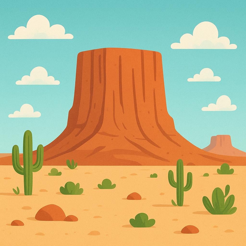 A vast, flat-topped mountain (a mesa) rising dramatically from a dry, desert landscape under a blue sky.
