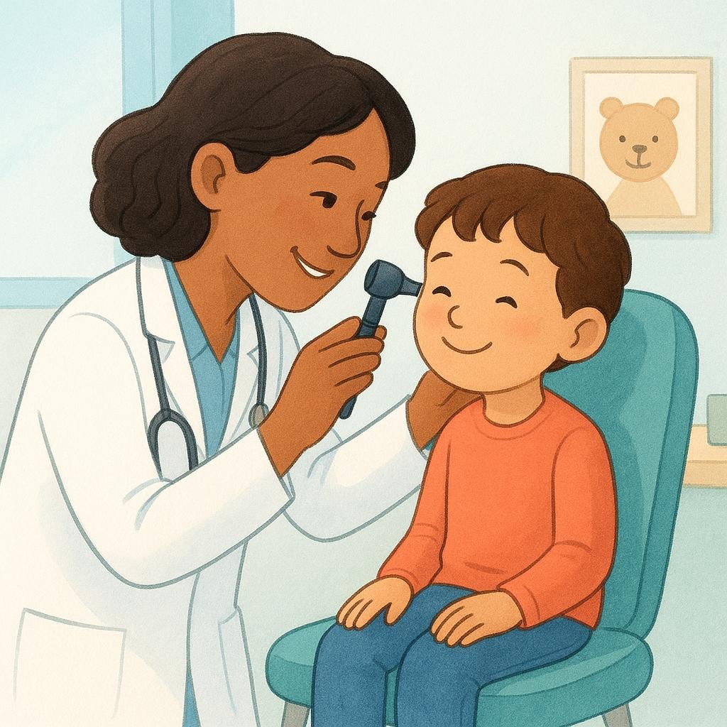 A kind doctor in a white coat gently uses a small instrument to look into the ear of a seated child during a check-up.