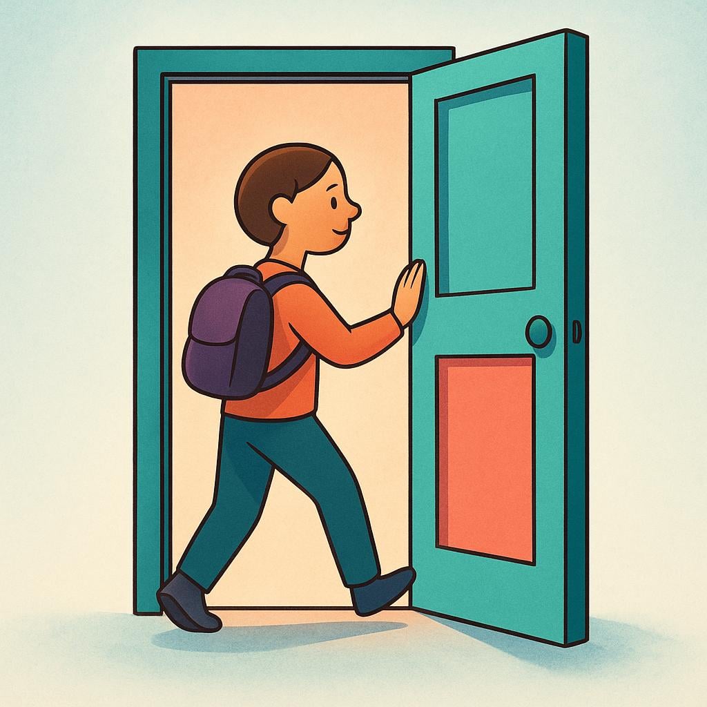 A friendly, stylized illustration of a traveler carrying a small backpack, taking the final step across a brightly lit doorstep, indicating they have arrived at their destination.