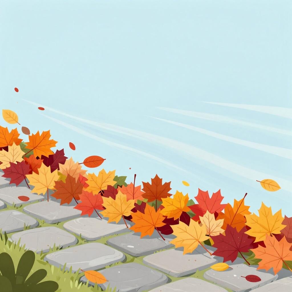 強い風が石畳の上の枯れた落ち葉を吹き飛ばし、表面を完全にきれいにしている様子。