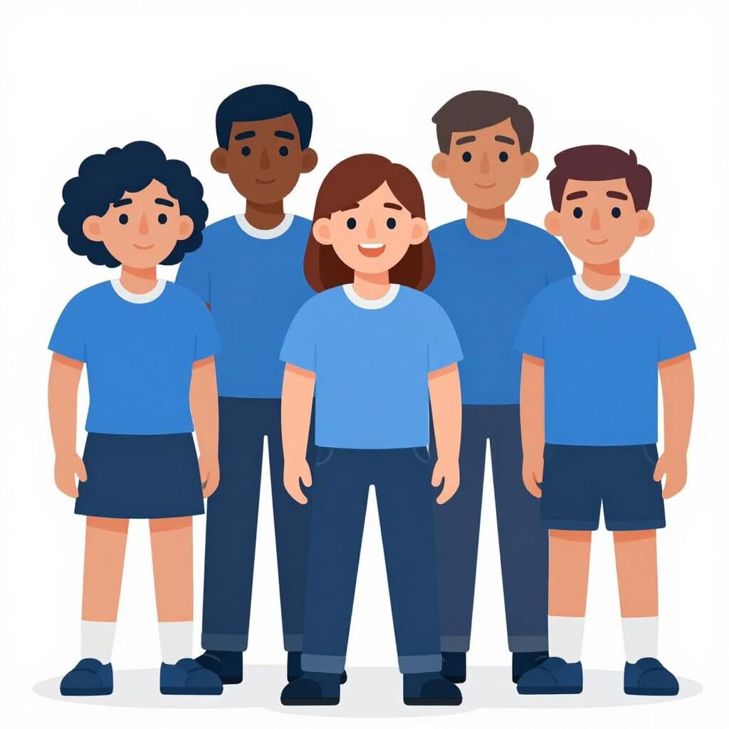 Una singola persona in piedi in mezzo a un gruppo di compagni di squadra diversi che indossano uniformi abbinate.