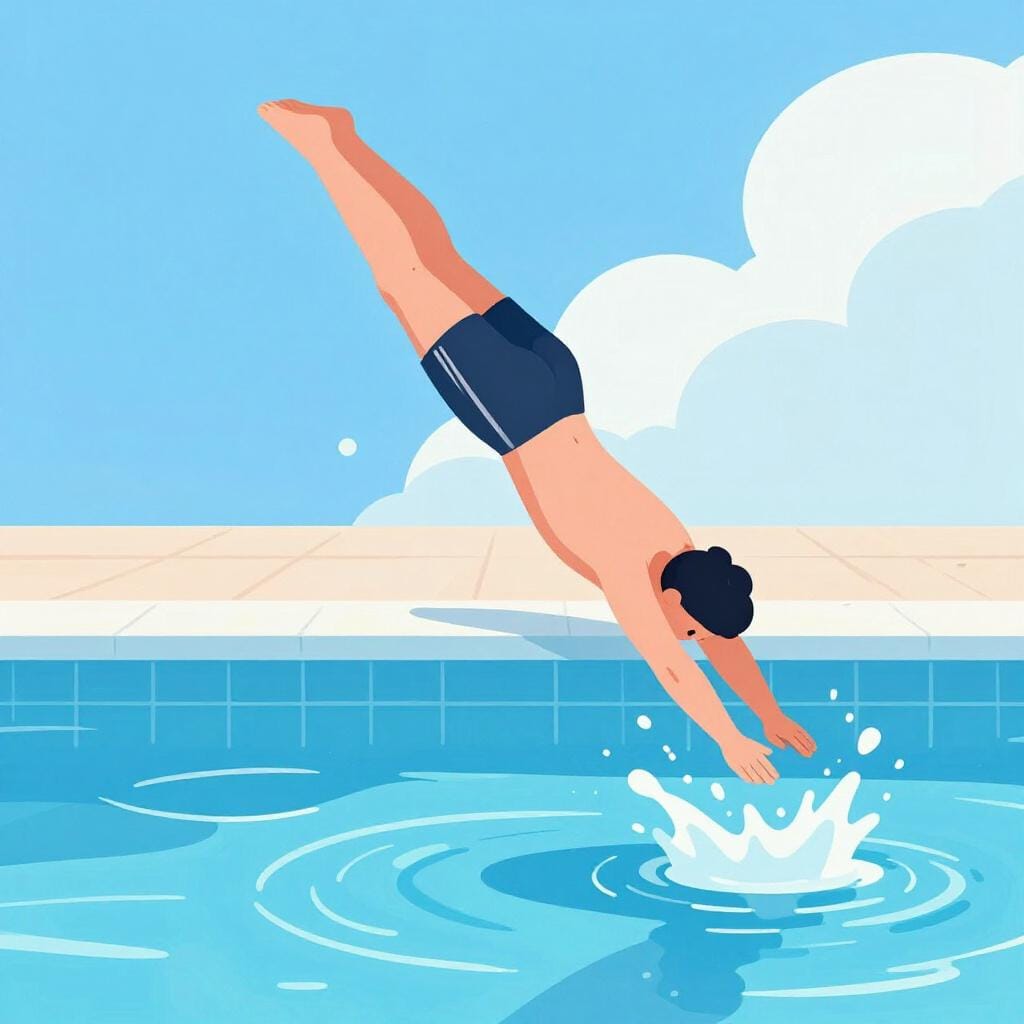 Een persoon in de lucht in een sierlijke duik naar een helderblauw zwembad.