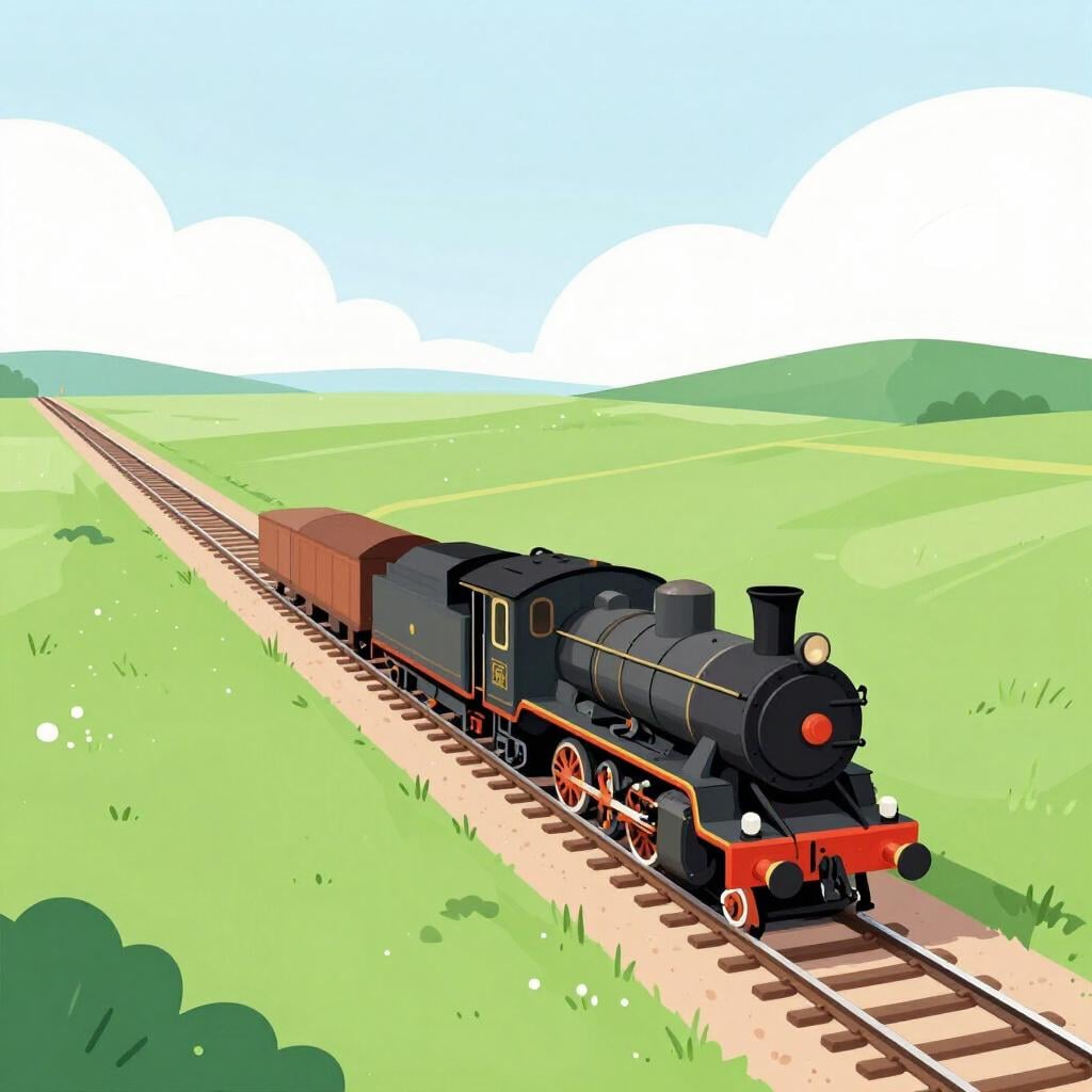 A colorful steam train traveling along a set of metal tracks through a green field.
