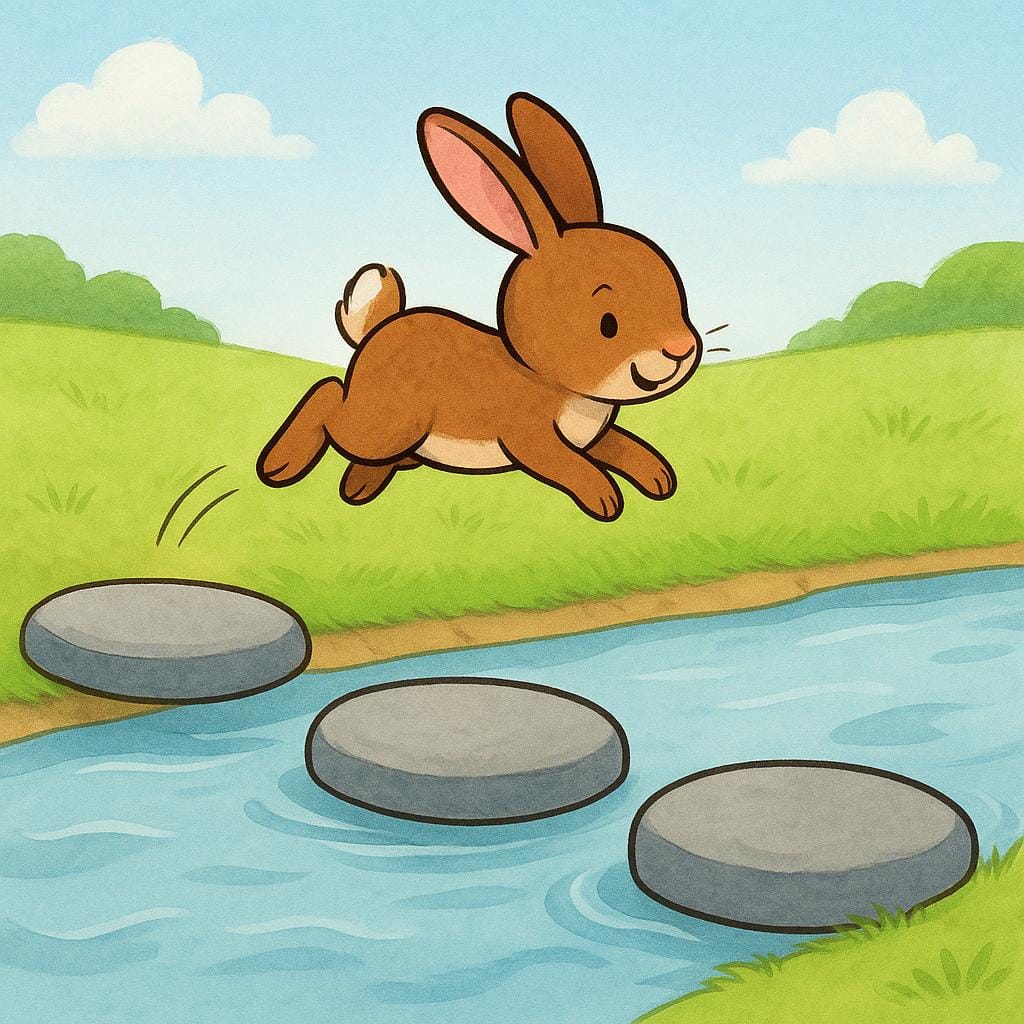 A small, brown rabbit hopping over a sequence of stepping stones, clearly bypassing the middle stone to land on the third stone.