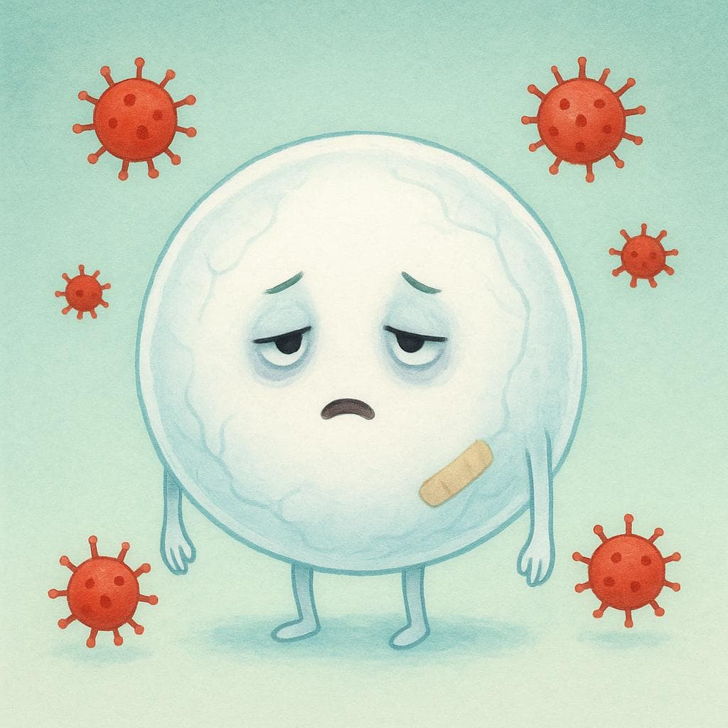 Un grand personnage de cellule blanche et ronde, semblant épuisé et frêle, approché par plusieurs petites formes de virus rouges et épineuses, symbolisant un système immunitaire compromis.
