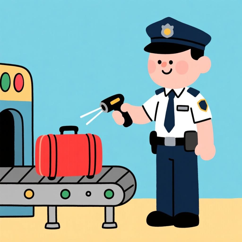 A friendly security officer in uniform using a simple handheld scanner to inspect a traveler's brightly colored suitcase at a stylized airport checkpoint.