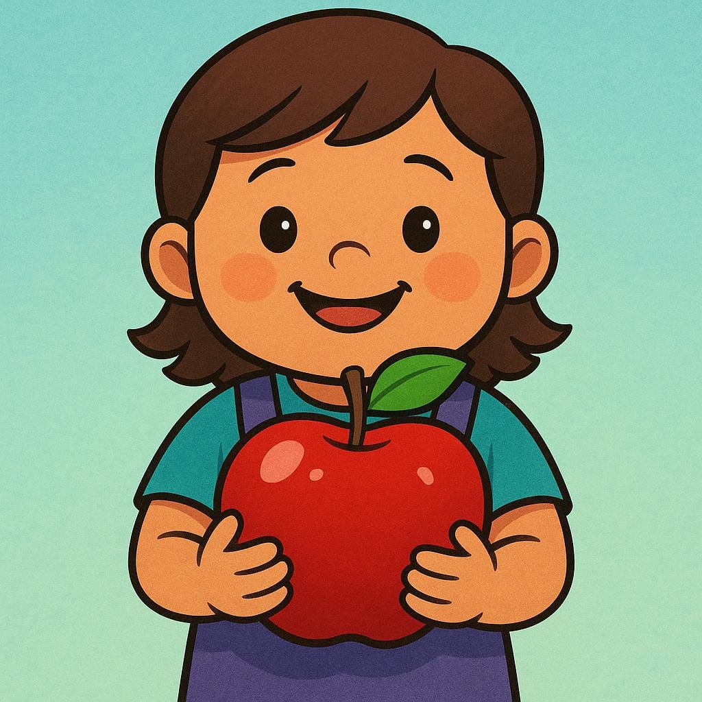 Un bambino sorridente che tiene una mela rosso vivo tra le mani, illustrando l'ottenimento di qualcosa.