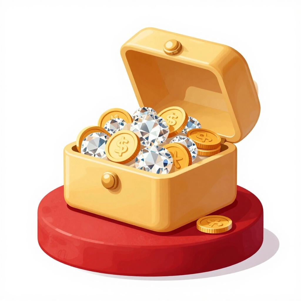 A shiny gold jewelry box overflowing with sparkling diamonds and gold coins on a velvet pedestal.