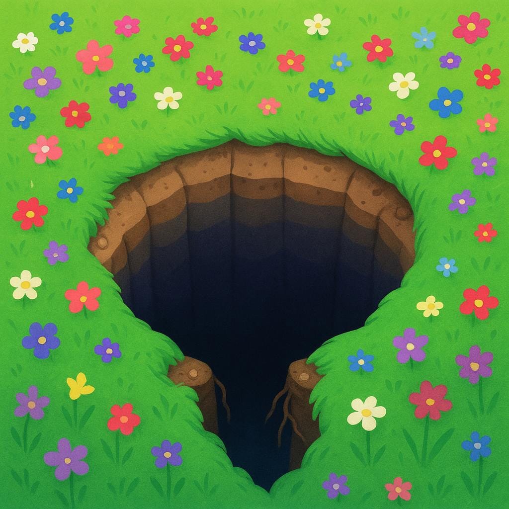 An illustration of a beautiful, vibrant green grassy meadow that hides a dangerous, deep sinkhole just beneath the surface, illustrating something treacherous.